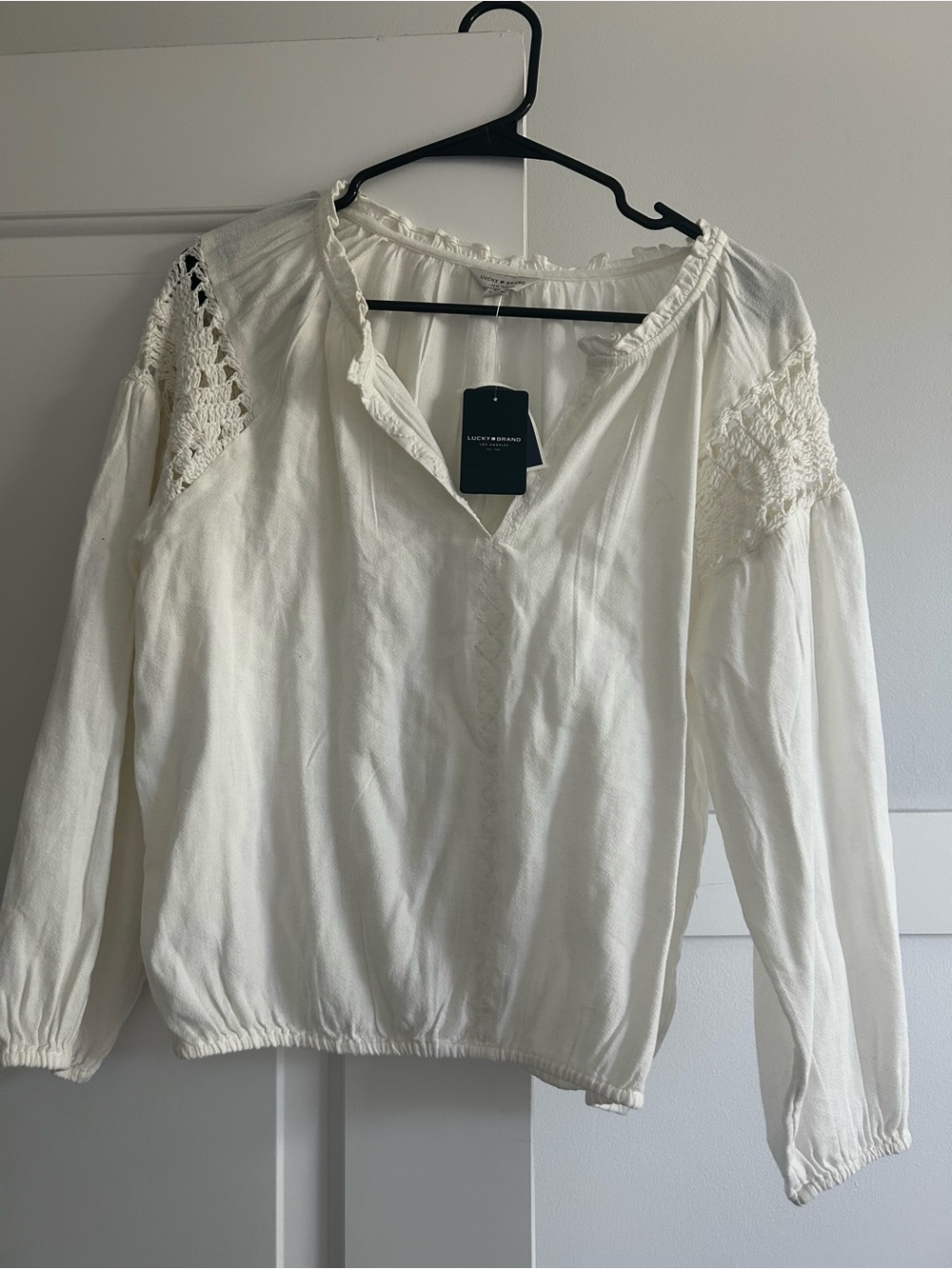 Lucky Brand White Crochet-Trim Peasant Top